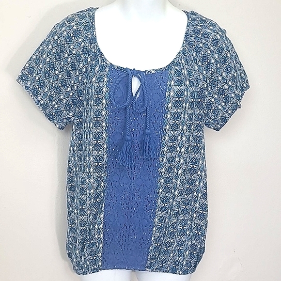 Mexican Peasant Blouse short sleeve tunic Lace 100% Cotton Turquoise Royal Blue - Picture 1 of 6
